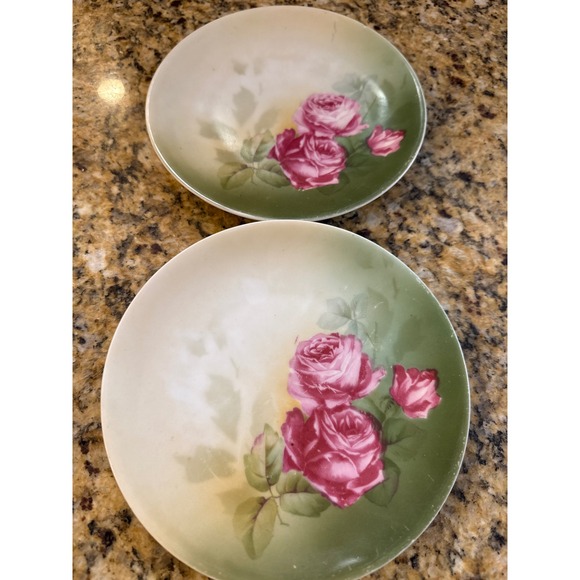 Germany Other - Antique German Porcelain Rose Plates Set of 2 Pink Floral Green 6.25 Inch AS IS